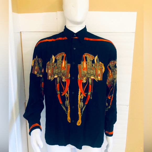 VINTAGE KBB Shirt Men M Black  Button Lightweight Band Collar 80’s Prints - Picture 1 of 15